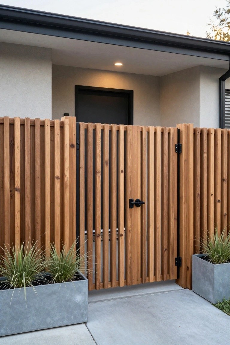 A wooden gate with vertical slats and black metal hardware stands at a house entry between two concrete planters on a concrete walkway.