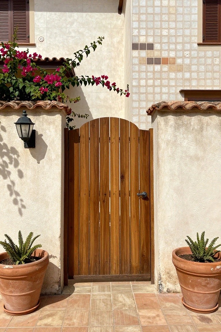 A wooden gate with vertical slats sits between two stucco walls, with potted plants on either side and a flowering vine above.