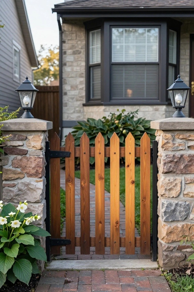 A wooden picket gate with black metal hinges stands between two stone pillars topped with black lanterns, opening onto a brick path in front of a stone house.