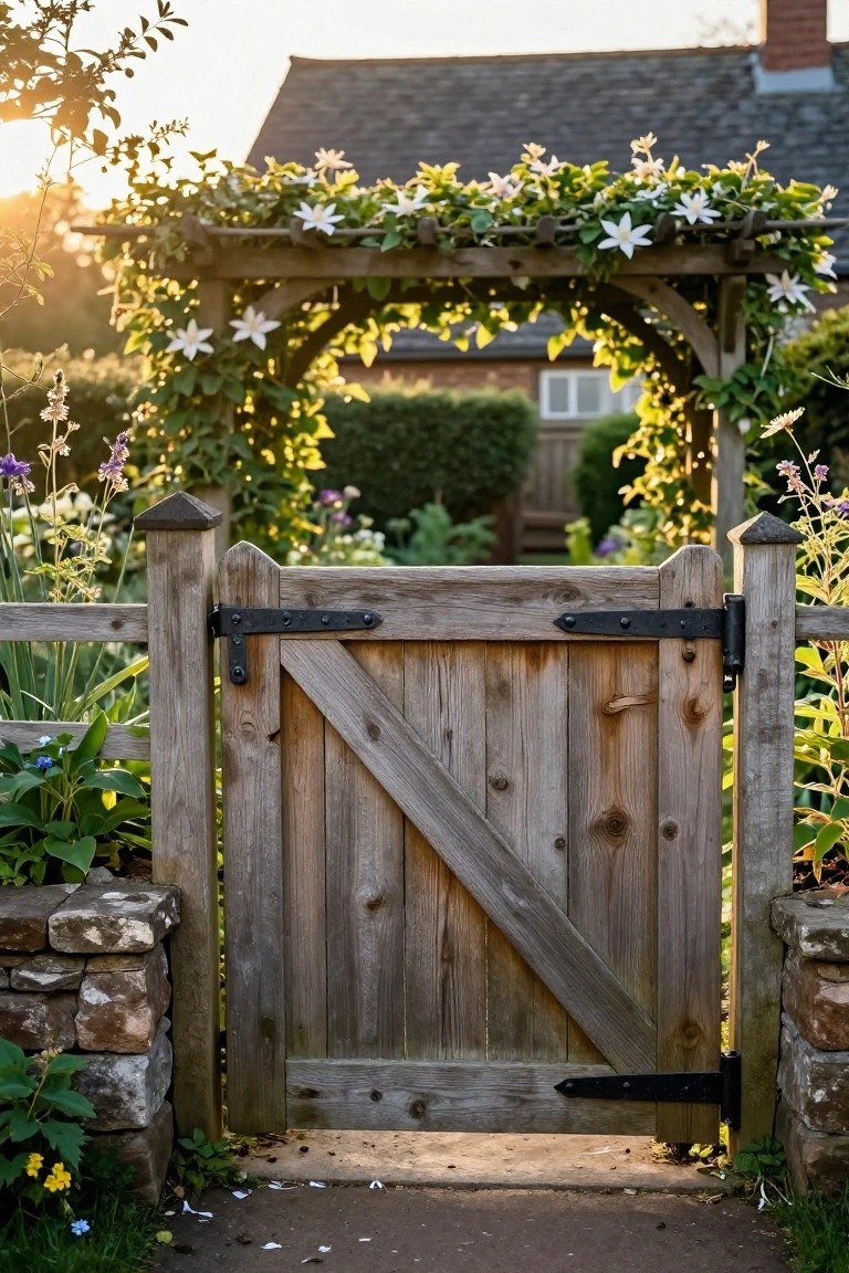 Rustic wooden gate with black hinges under a white-flowered wooden arch in a garden
