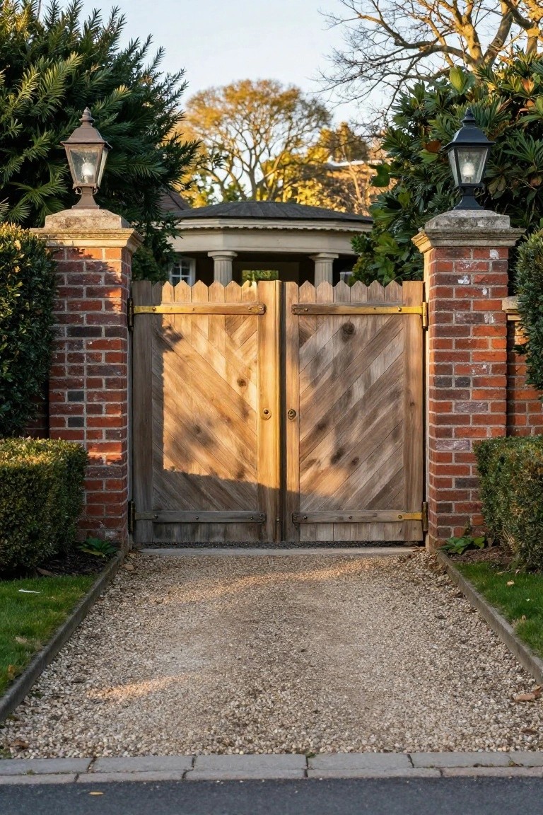 Double wooden gates with a chevron pattern stand between brick pillars topped with lanterns, opening onto a gravel path.