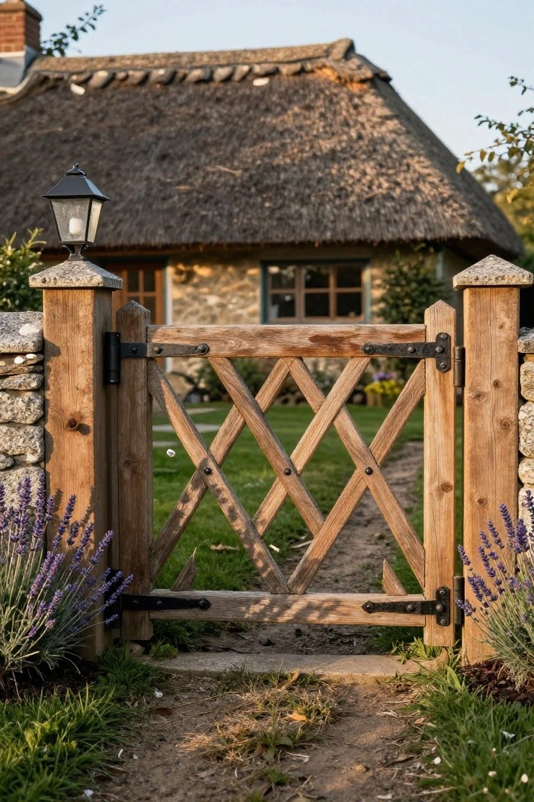 A wooden gate with an X pattern stands between stone posts, flanked by lavender plants, with a thatched cottage visible behind it.
