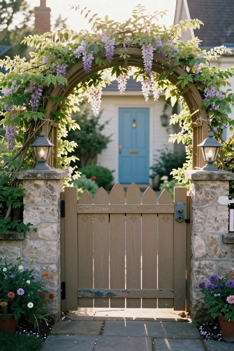 Wooden gate under purple wisteria arch between stone pillars with lanterns