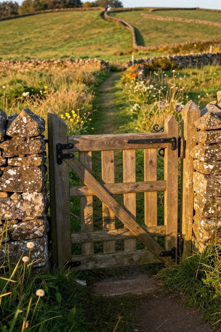 Rustic wooden gate in stone wall opens to path through sunlit wildflower meadow