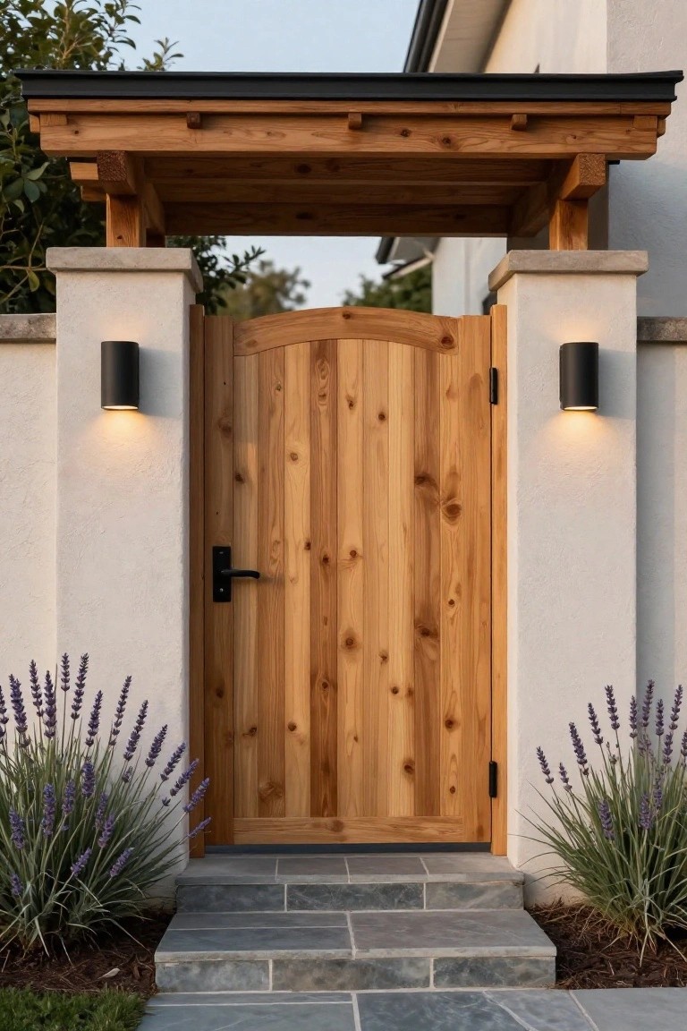Arched wooden door on stone steps, flanked by lavender and black wall lights