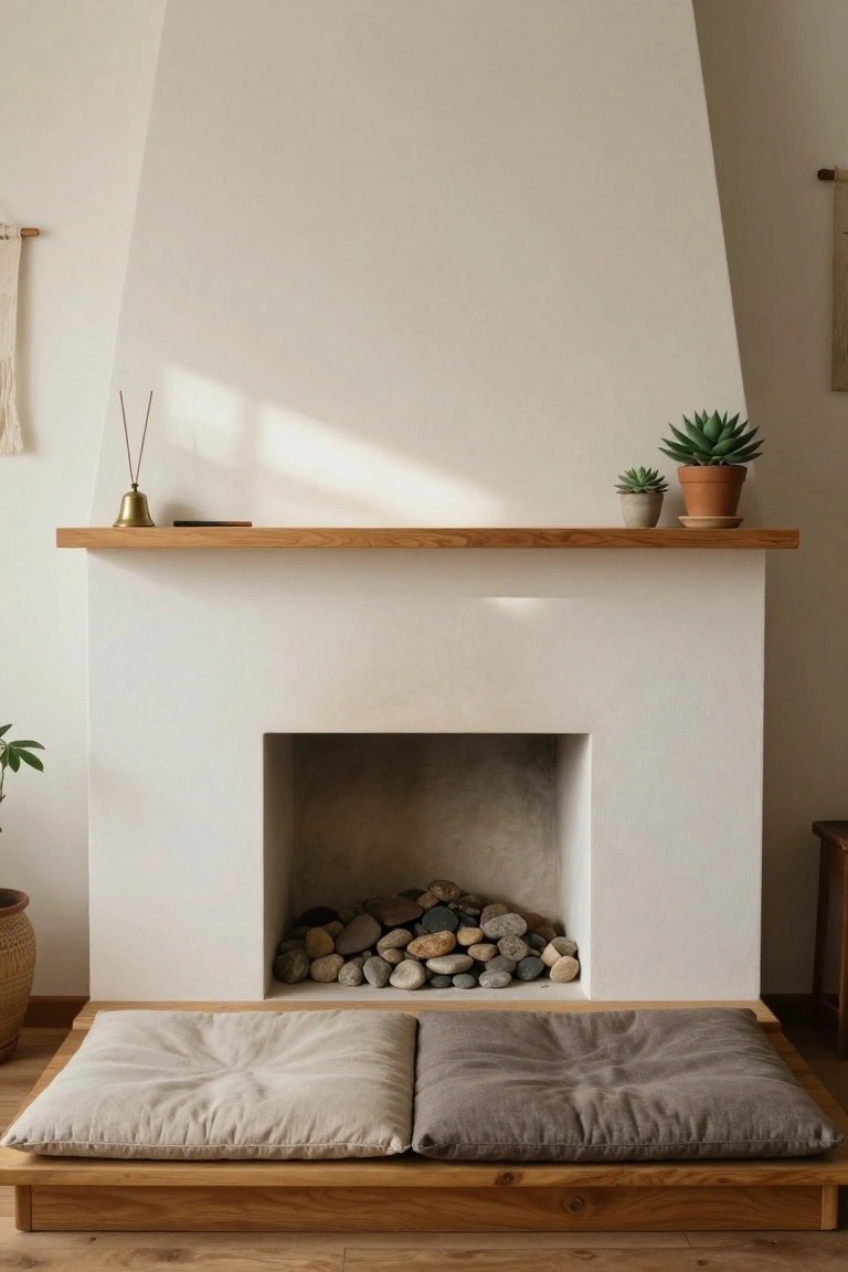 A white plaster fireplace with a long wooden mantel shelf, river stones filling the firebox, and two floor cushions on a raised wooden platform.