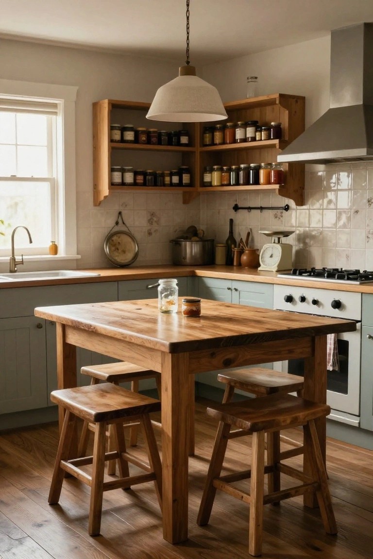 A kitchen interior featuring a large wooden table with three stools, open wooden shelves holding jars above light blue cabinets, and a window on the left wall.