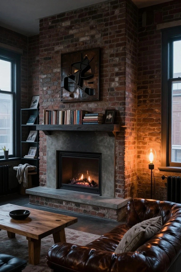 A brick fireplace with a concrete surround and dark wooden mantel shelf holding books, next to a brown leather sofa in a living room.