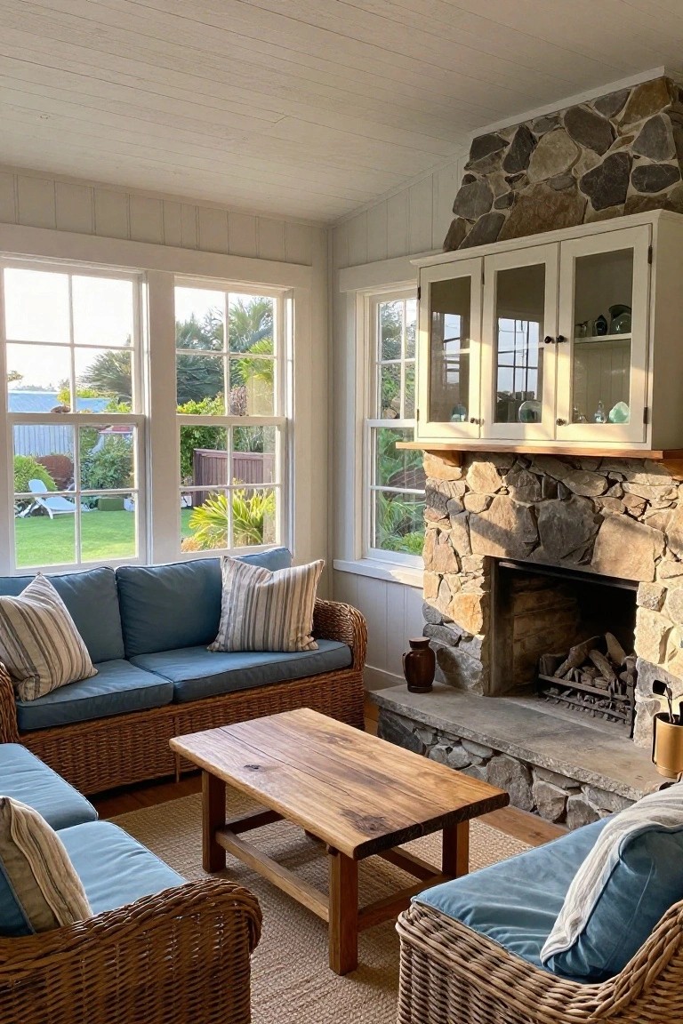 A living room with a stone fireplace, white cabinet above it on a wooden shelf, wicker furniture with blue cushions, and a wooden coffee table in front.