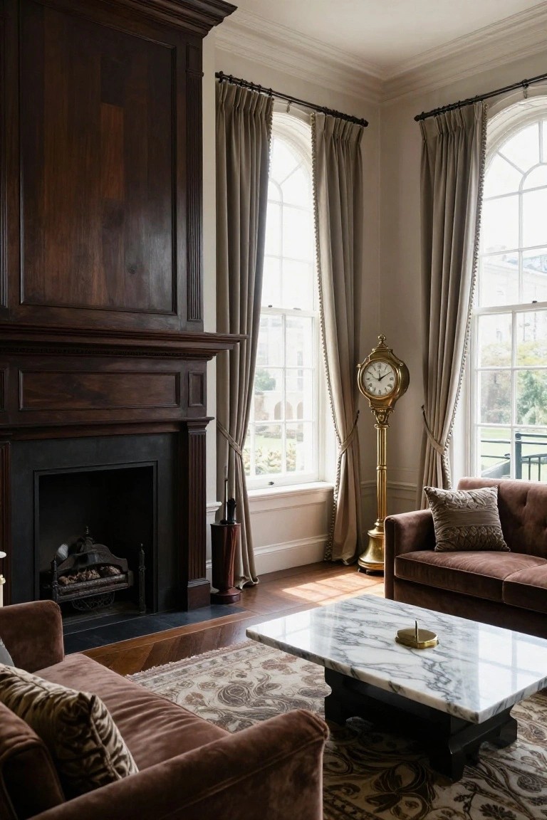 Elegant living room with dark wood fireplace, velvet sofas, marble table, and grandfather clock.