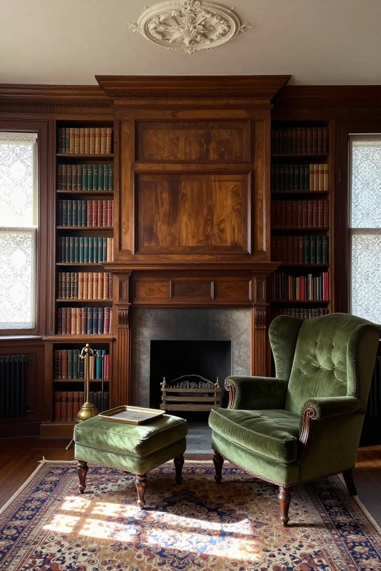 A dark wood fireplace mantel with built-in bookshelves on both sides, a green velvet armchair and ottoman in front, and sunlight on a patterned rug.