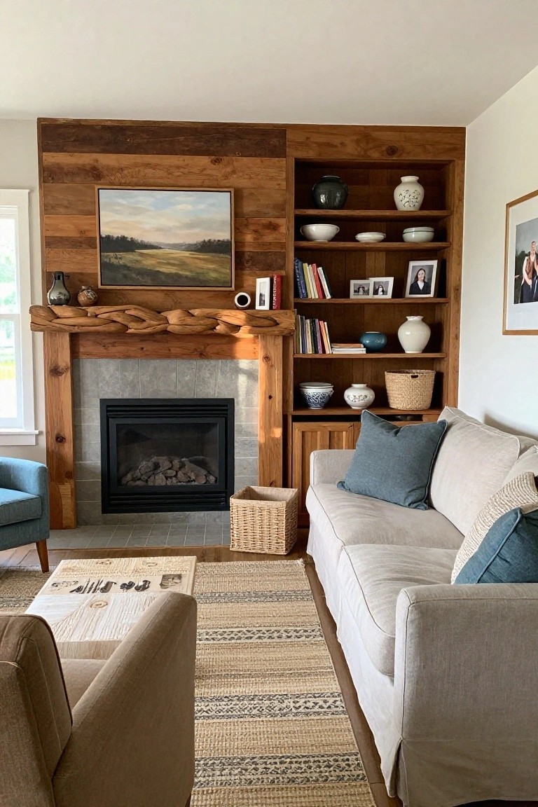 Cozy living room with rustic wooden fireplace, built-in shelves, beige sofa, and woven rug.