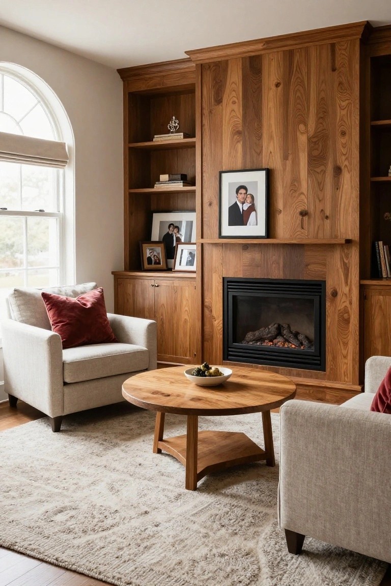 Cozy living room with wooden built-in shelves, black fireplace, round coffee table, and armchairs