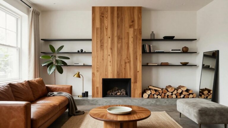 A living room with a tall black wood-paneled wall surrounding a fireplace, brown leather seating, and a round wood coffee table on a woven rug.