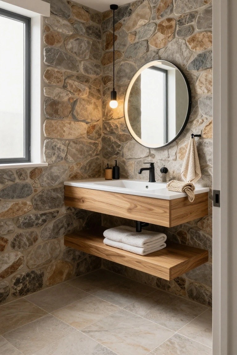 Modern bathroom with floating wooden vanity, round mirror on stone wall.
