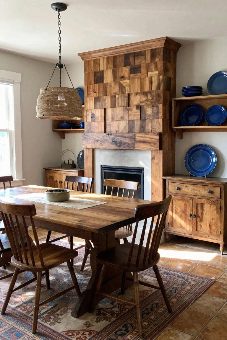 A dining room with a large fireplace framed by a patchwork wood accent wall and a wooden table with chairs in front.