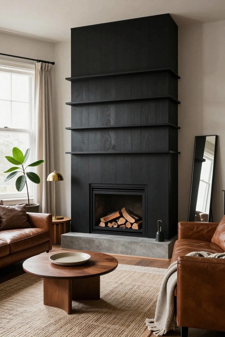 A living room with a tall black wood-paneled wall surrounding a fireplace, brown leather seating, and a round wood coffee table on a woven rug.
