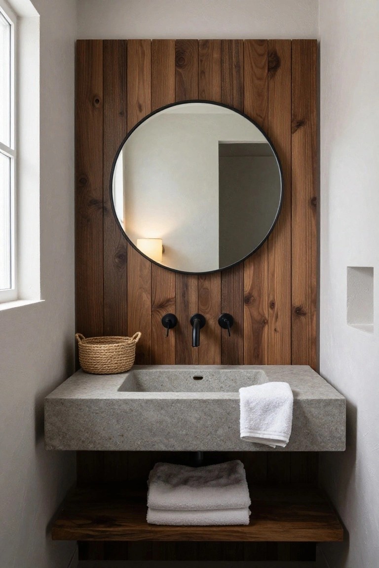 A concrete bathroom vanity with a round mirror mounted on a vertical wood plank accent wall, black fixtures, and folded towels on the sink and lower shelf.