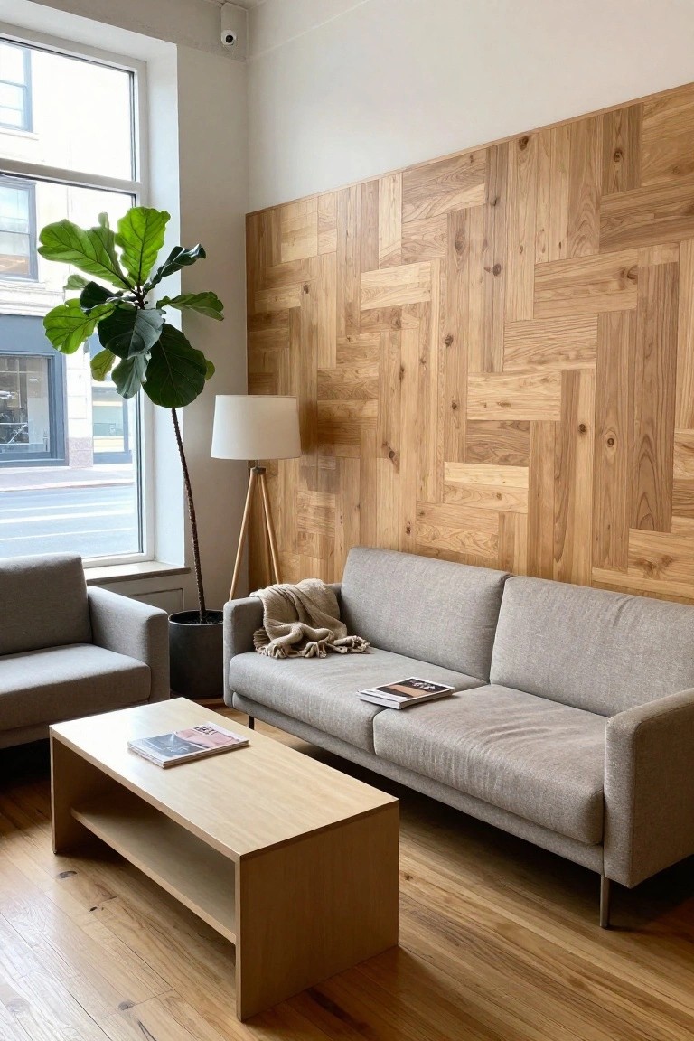 A living room featuring a large wood accent wall behind a gray sofa, with a wooden coffee table and a potted plant near the window.