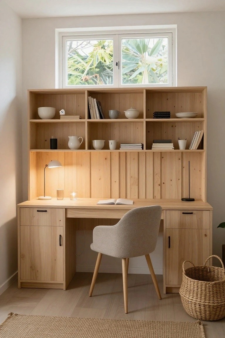 Light wood built-in desk and shelving unit with vertical paneling below a window, gray upholstered chair, and woven basket on the floor.