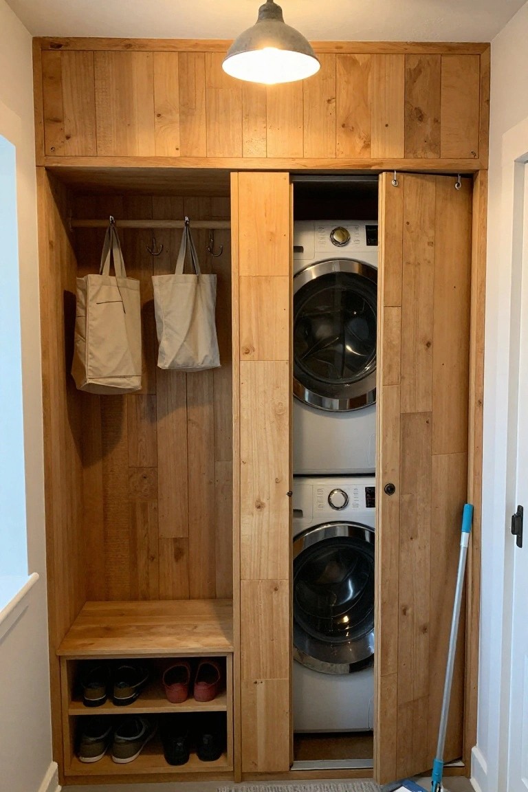 Open wooden closet with stacked washer dryer, hanging totes, shoe bench, and broom.