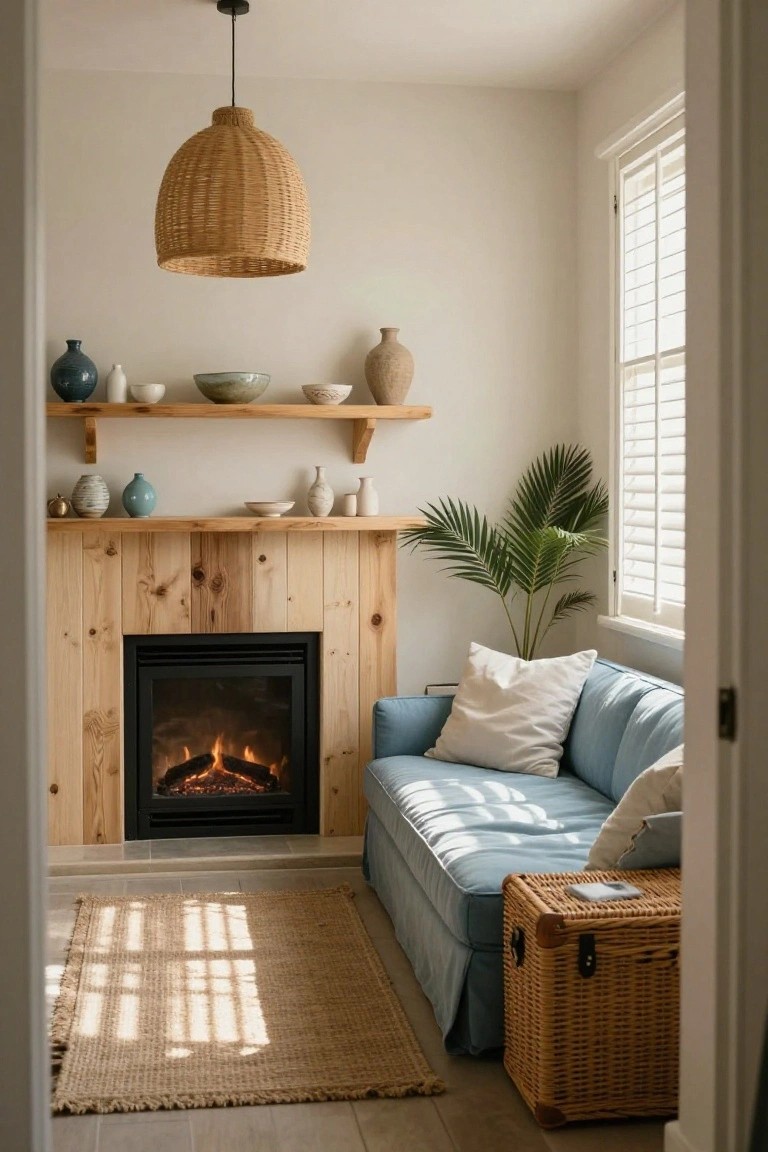 Cozy living area with blue sofa, wooden fireplace, wicker pendant light, and woven rug.