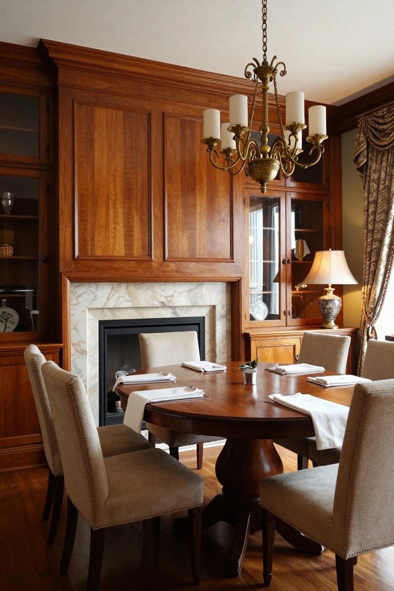 A formal dining room with a round wood table, upholstered chairs, and a marble fireplace centered in a tall wood-paneled wall beneath a brass chandelier.