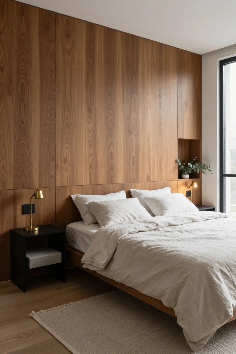 Modern bedroom with walnut wood wall, white linen bedding, and brass lamps.