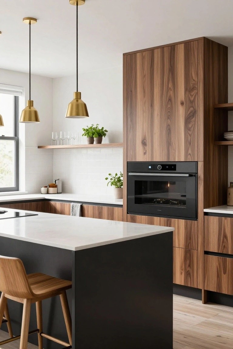 A modern kitchen with a tall wood accent wall containing a built-in fireplace unit above white countertops and a dark island with wooden stools.