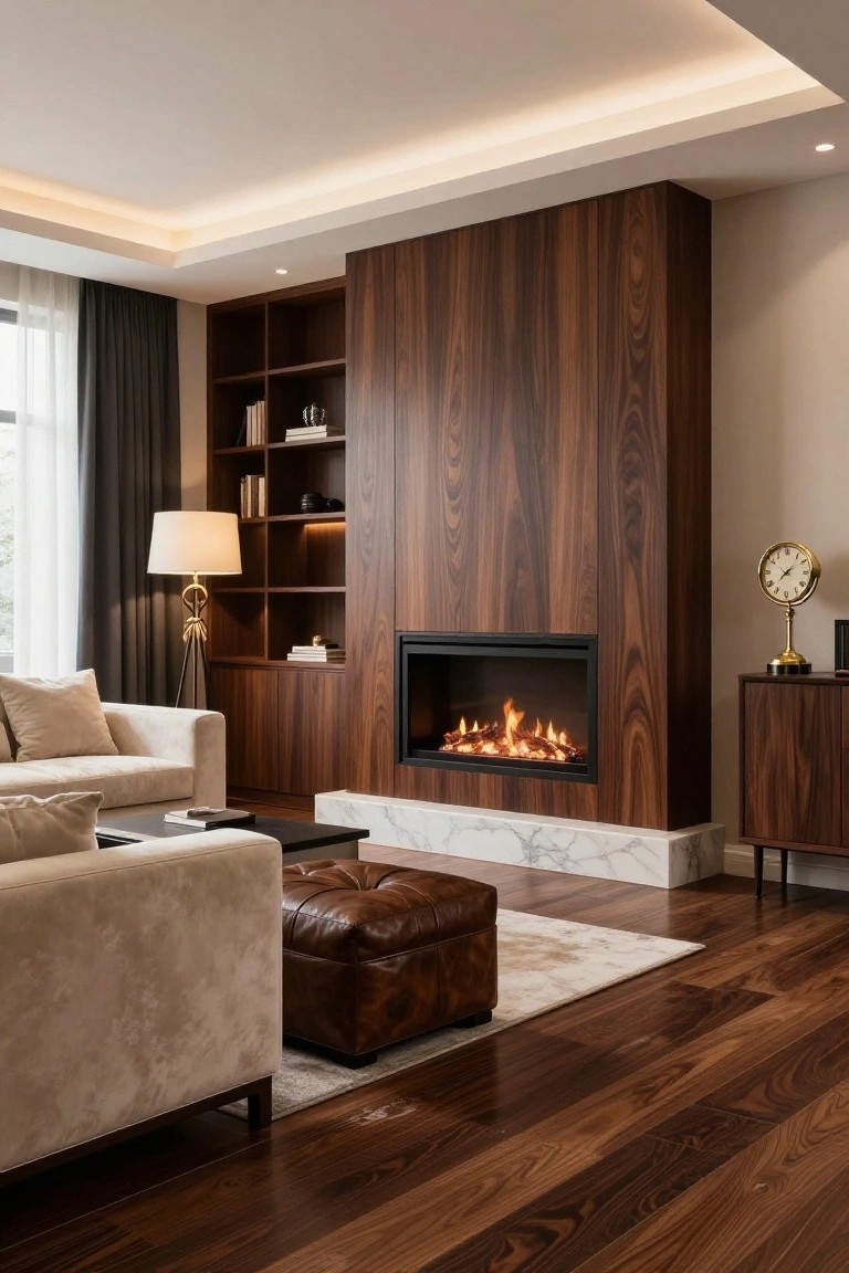 A living room with a fireplace centered in a tall dark wood accent wall, built-in shelves to the left, and a marble hearth base.