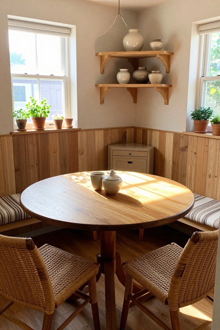 Sunlit round wooden table in rustic nook with wicker chairs and pottery shelves