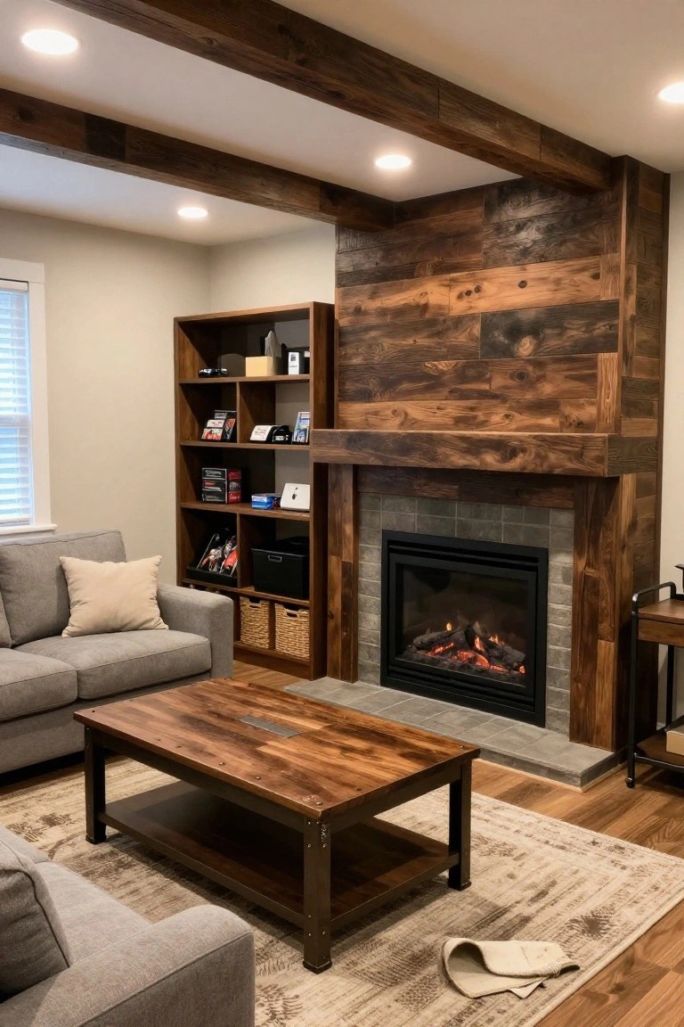 Rustic living room with lit fireplace, wooden mantel, built-in shelves, and coffee table.