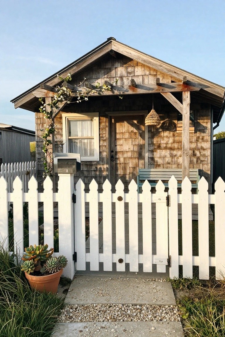 Rustic wooden cottage behind white picket fence with potted succulents and pebble path