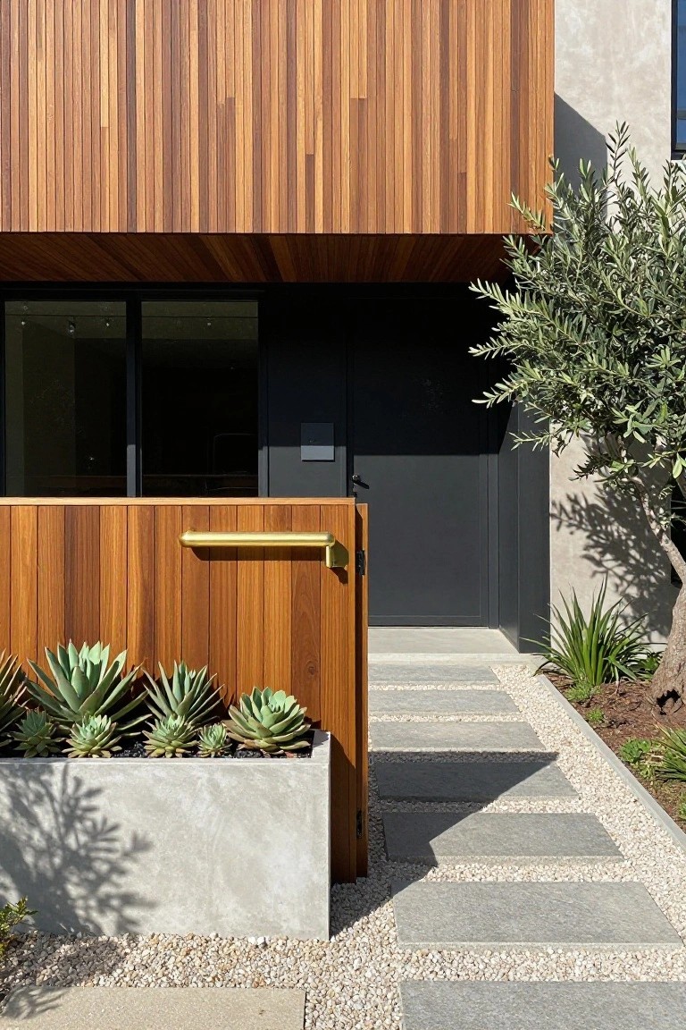 A vertical wood gate with a brass handle beside a concrete planter of succulents, set in front of a modern house with a dark door and stone path.