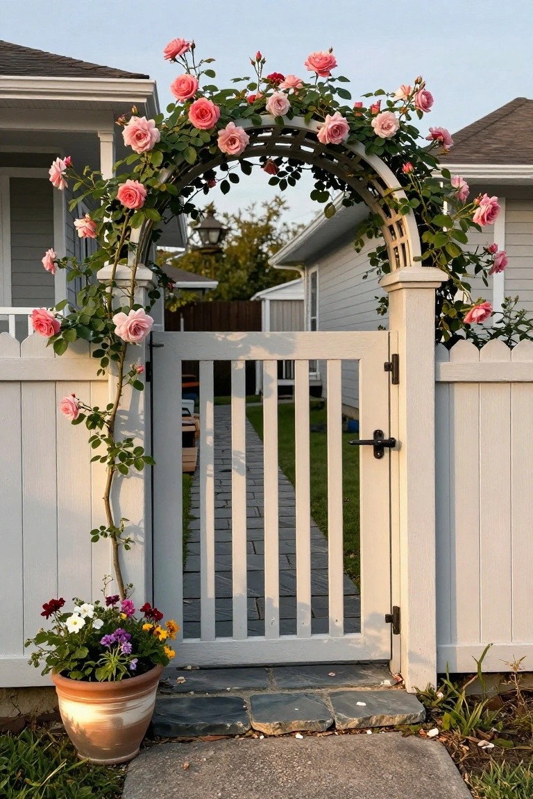 A white wooden gate with an arched rose-covered trellis set in a matching fence, with a stone path visible beyond the open gate.