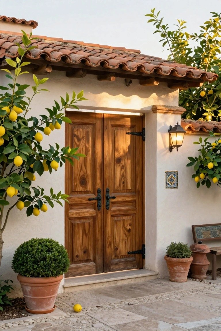 A pair of wooden double doors centered on a white stucco wall beside potted lemon trees and a stone pathway.
