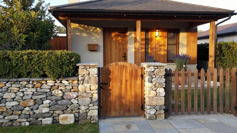 Front view of a house entry featuring a wooden gate between stone pillars, a wooden door under a gabled porch, and flanking green shrubs.