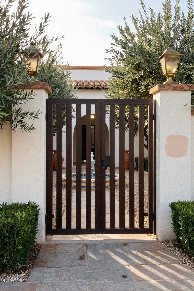 A dark wooden gate with vertical slats stands between two white stucco pillars, with a blue tiled fountain visible through the opening and olive trees flanking the sides.