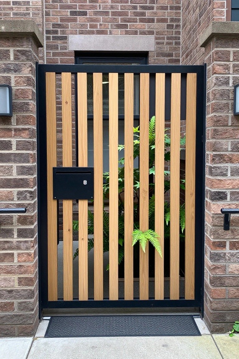 A black-framed gate with vertical wooden slats stands between brick pillars at a house entrance, with a black mailbox attached to the left side.