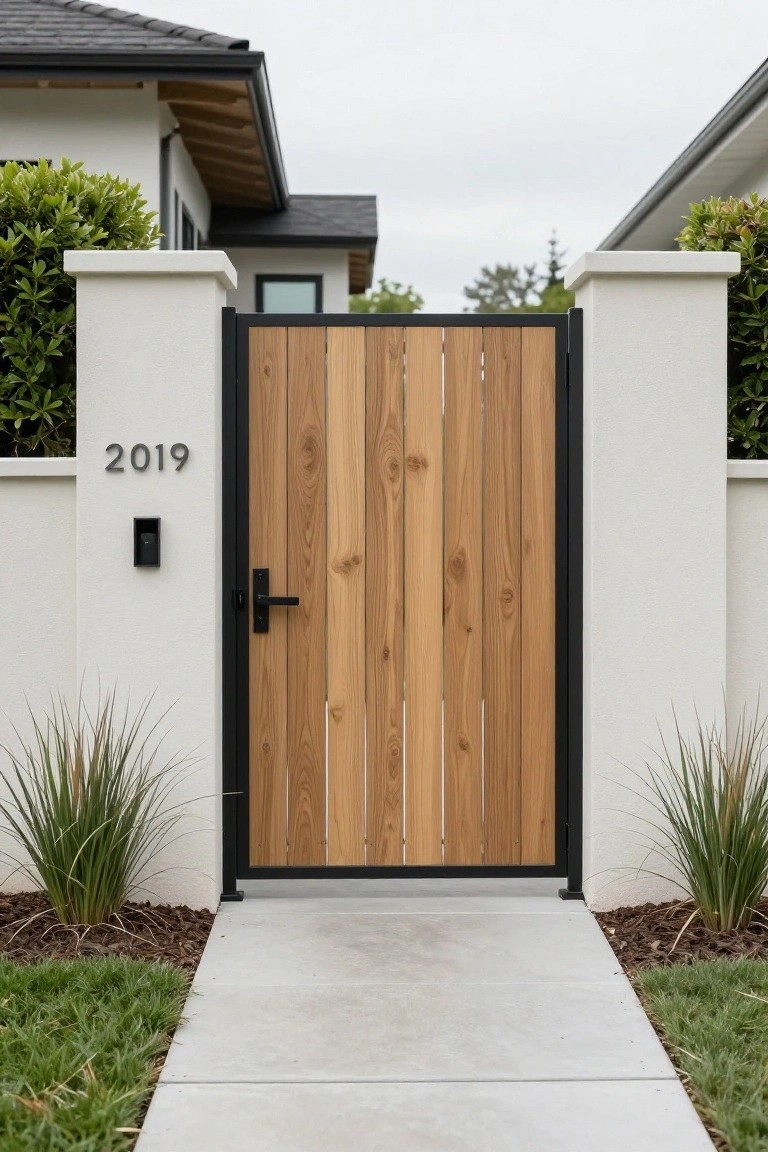 Modern wood plank gate in black frame between white pillars on concrete path