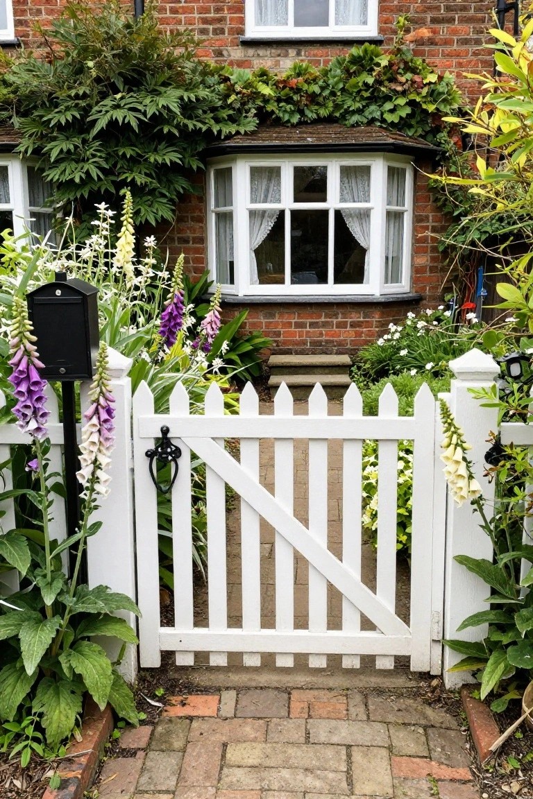 A white wooden picket gate with a diagonal brace stands in front of a brick house, framed by tall purple and white foxgloves and other garden plants.