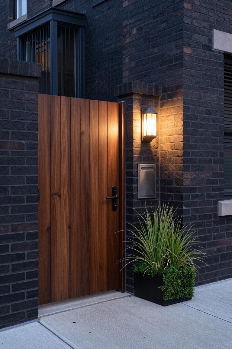 A vertical wood gate stands slightly open beside a dark brick wall with a wall-mounted light and mailbox.