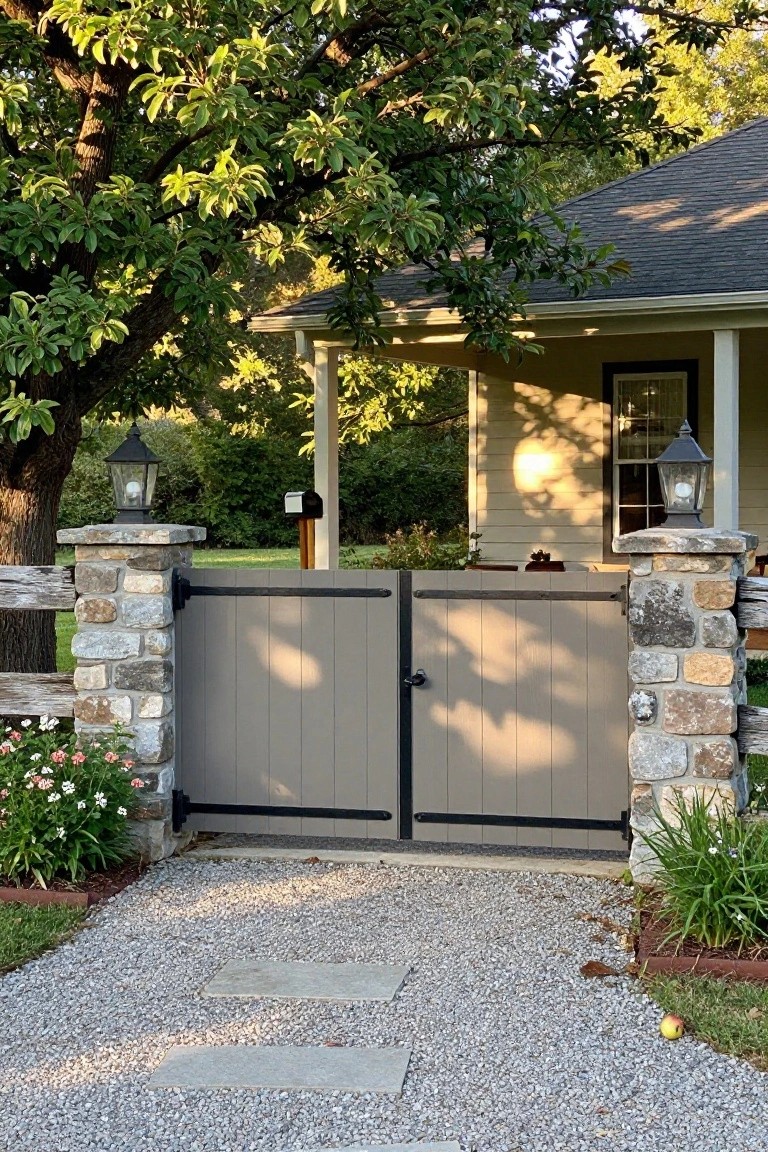 A double wooden gate with black metal hardware is set between two stone pillars at the front of a house, with a gravel path leading through the open gate.