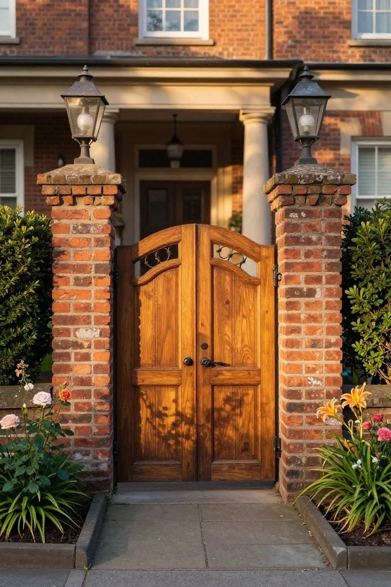 Wooden double gate between brick pillars with lanterns, flanked by colorful flowers and plants.