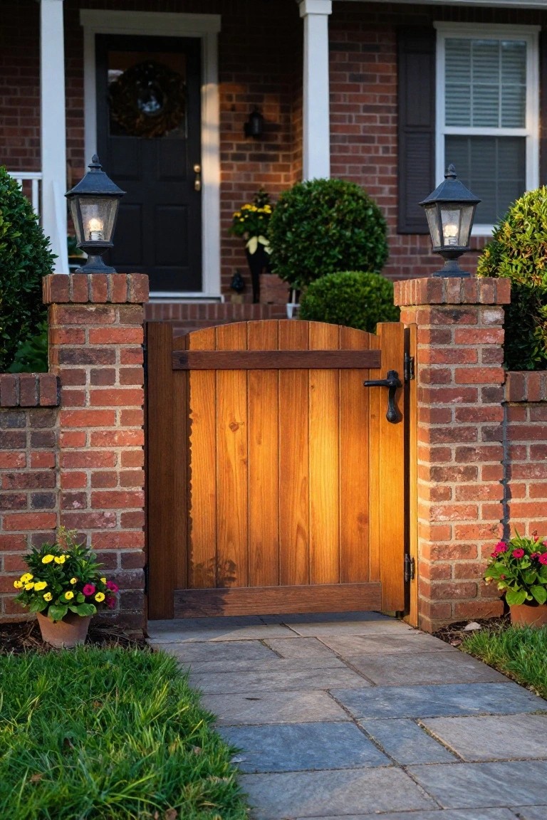 A wooden gate stands open between two brick pillars topped with black lanterns, with a stone path leading to a brick house.