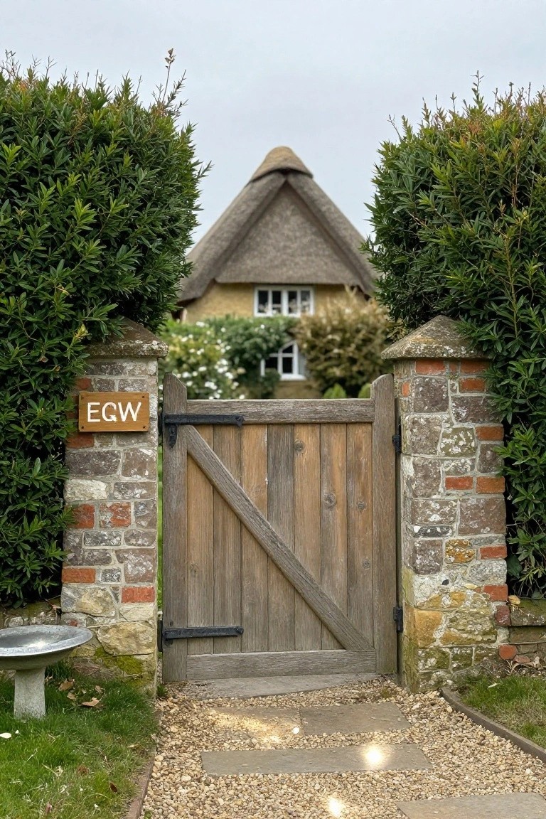 A wooden gate with a diagonal brace is positioned between two low stone pillars beside dense green shrubs, with a gravel path leading toward a thatched house in the background.