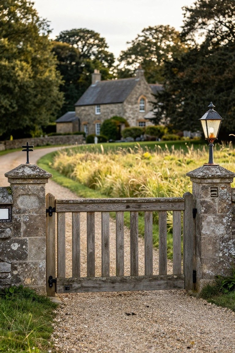 Open wooden gate between stone pillars with cross and lit lantern on path to house