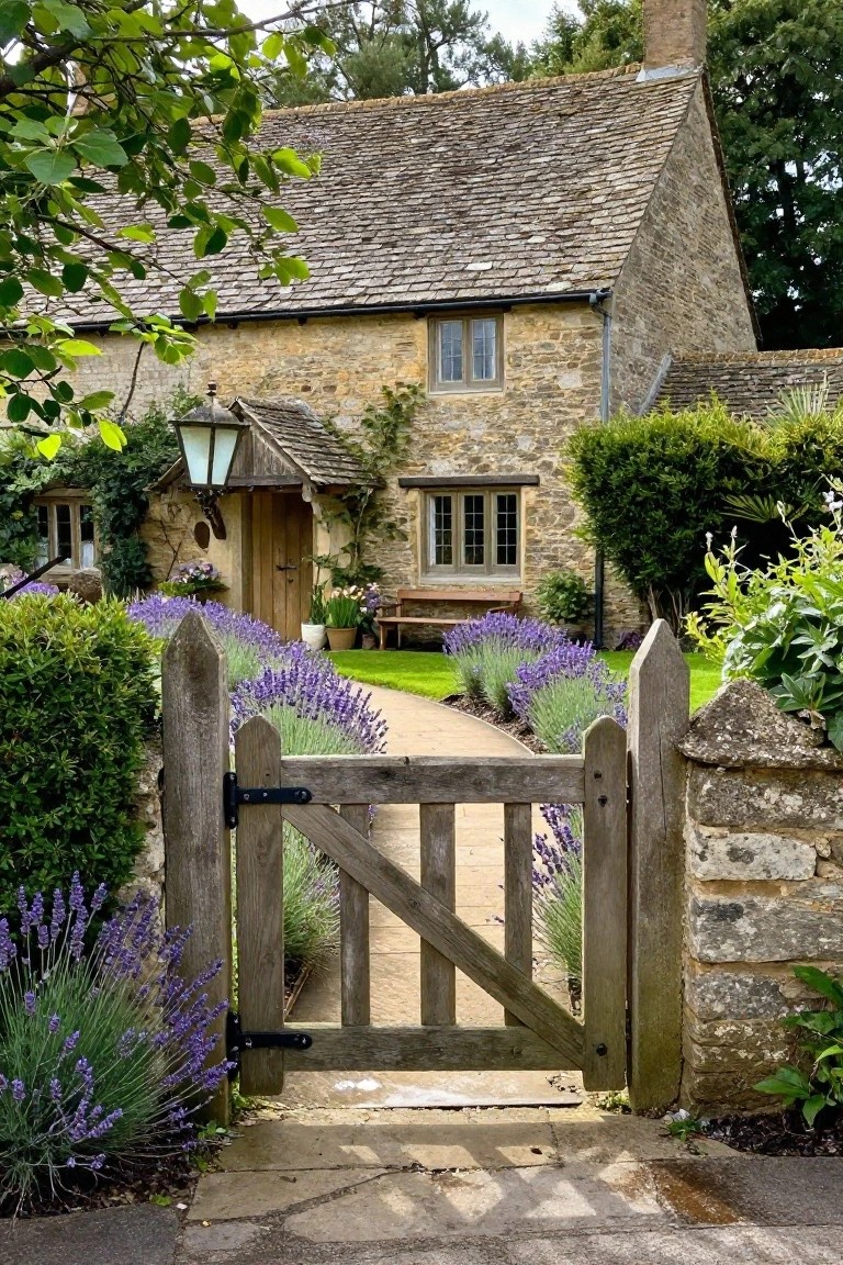 Open wooden gate with cross bracing set between stone pillars, leading to a stone cottage along a lavender-lined path.