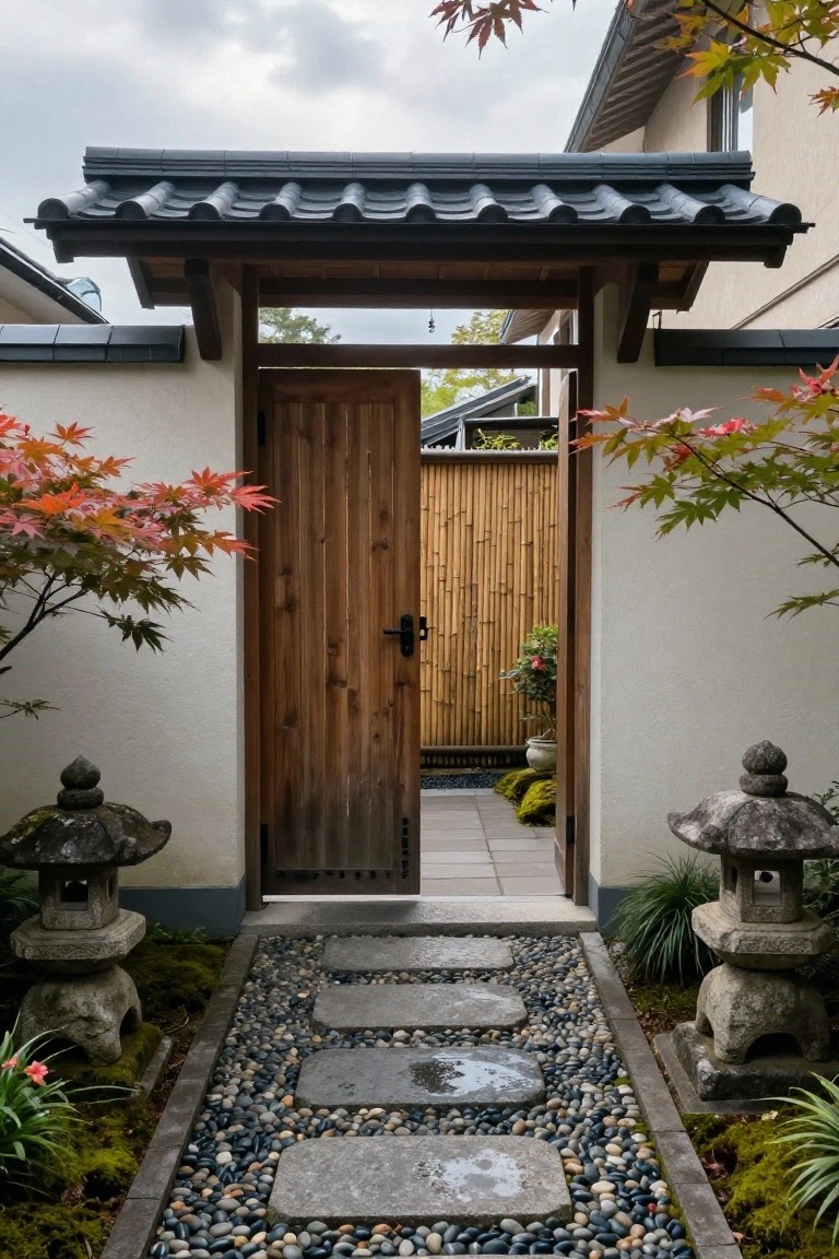 A wooden gate with a dark tiled roof stands open between two stone lanterns, with a path of stepping stones set in pebbles leading through the entrance.