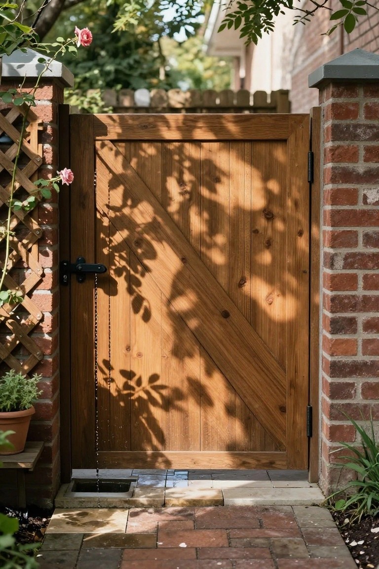 A wooden gate with diagonal bracing stands between brick pillars, with a rose vine on the left and a brick path in the foreground.